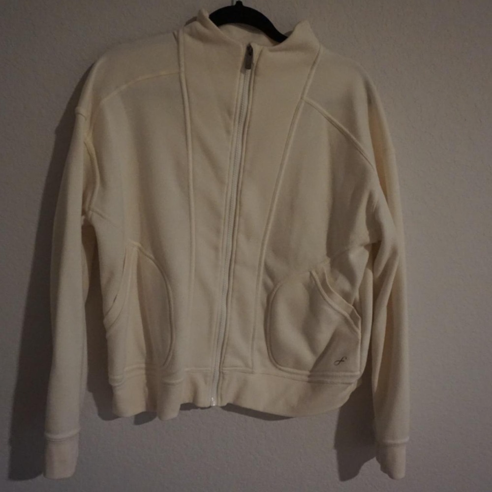 Freely Womens Full Zip Sweatshirt Cream Mock Neck Thumbhole Jacket Large
